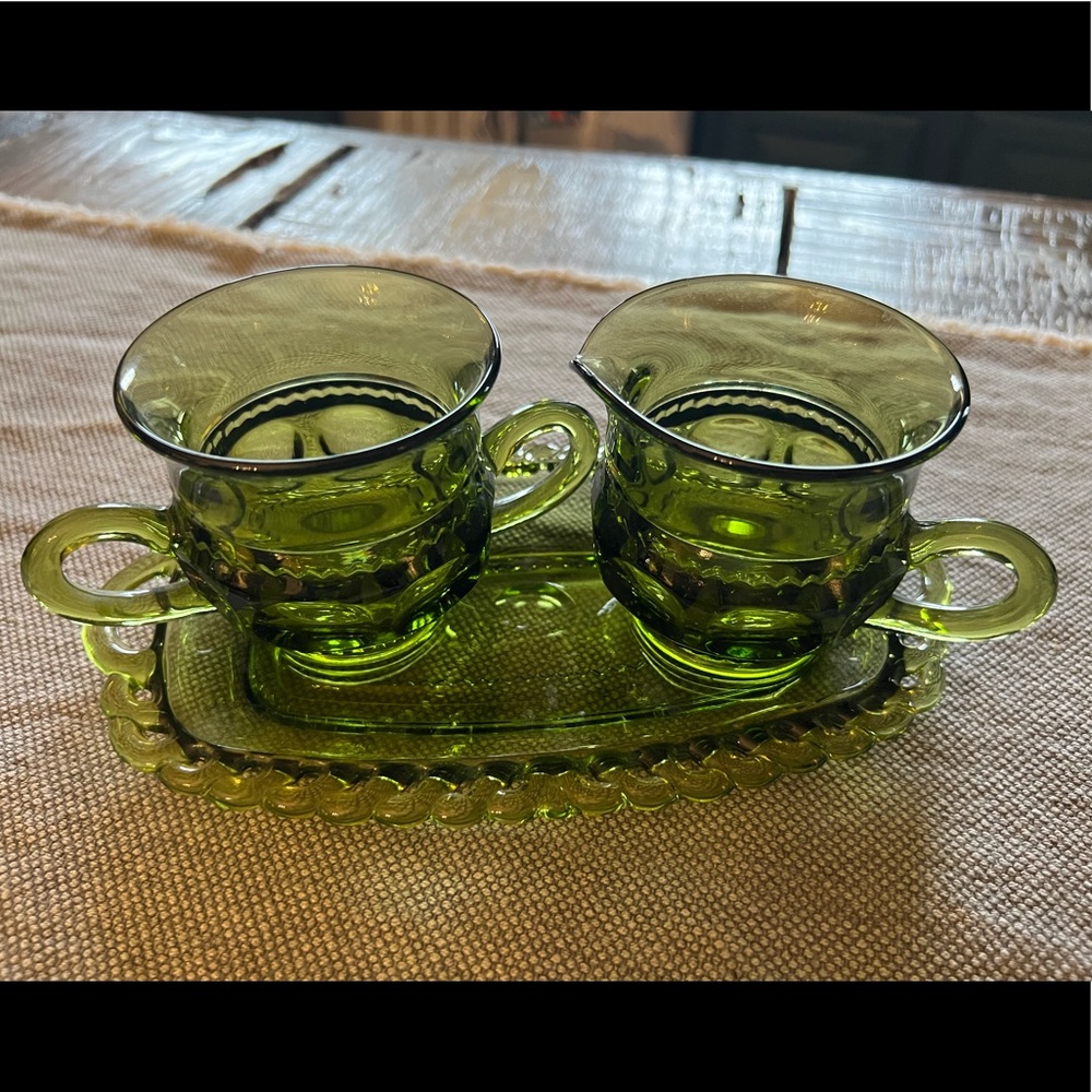 Indiana avocado green glass Kinds Crown Thumbprint cream and sugar with tray